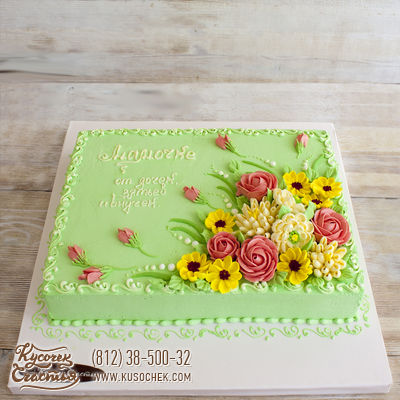 Торт «Цветы и надпись (прямоугольный)»