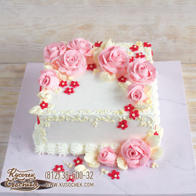 Торт «Квадратный с розовыми розочками»