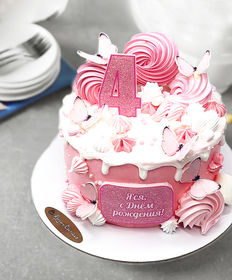 Детский торт «Розовый с бабочками и цифрой»