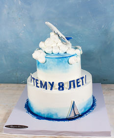 Детский торт «С самолетом и корабликом два яруса»